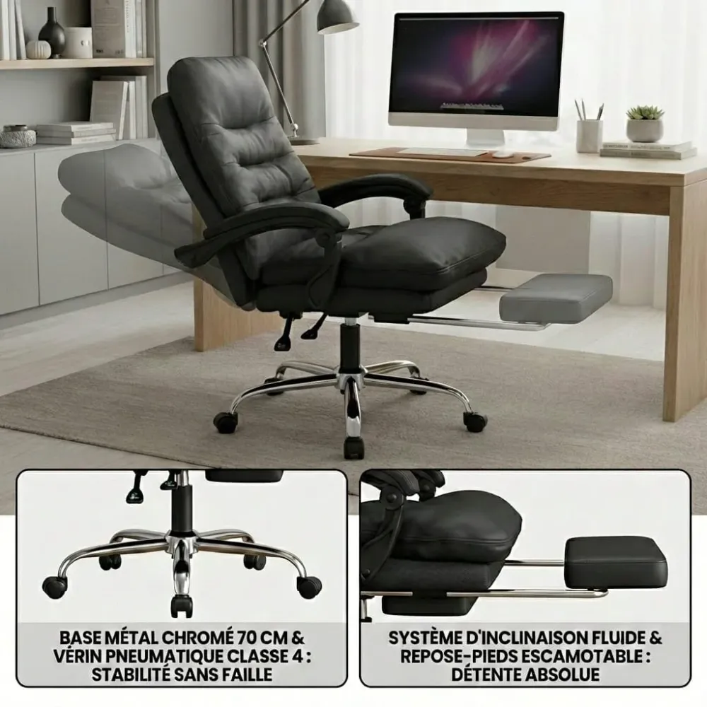Fauteuil de Bureau Ergonomique avec Repose-Pieds Rétractable - Dossier Inclinable 135° Bureau Cosy