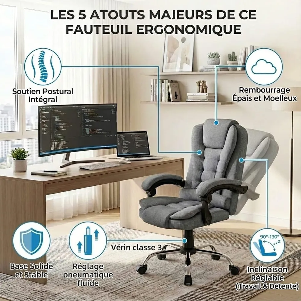 Fauteuil de Bureau Exécutif Ergonomique – Confort Absolu & Inclinaison 130° pour un Télétravail sans Douleur Bureau Cosy