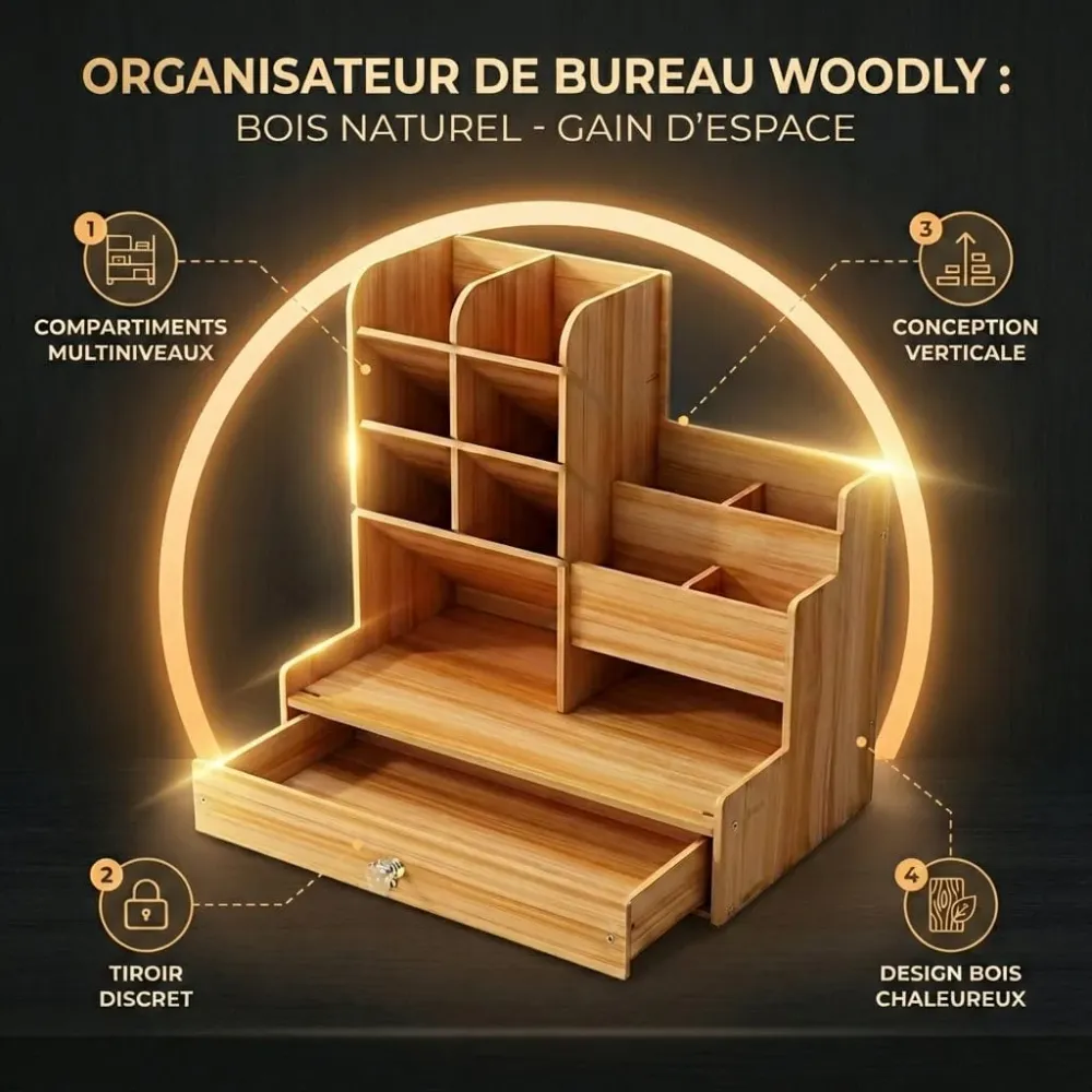 Organisateur de bureau WOODLY : Accès Instantané - Gain d'Espace Bureau Cosy