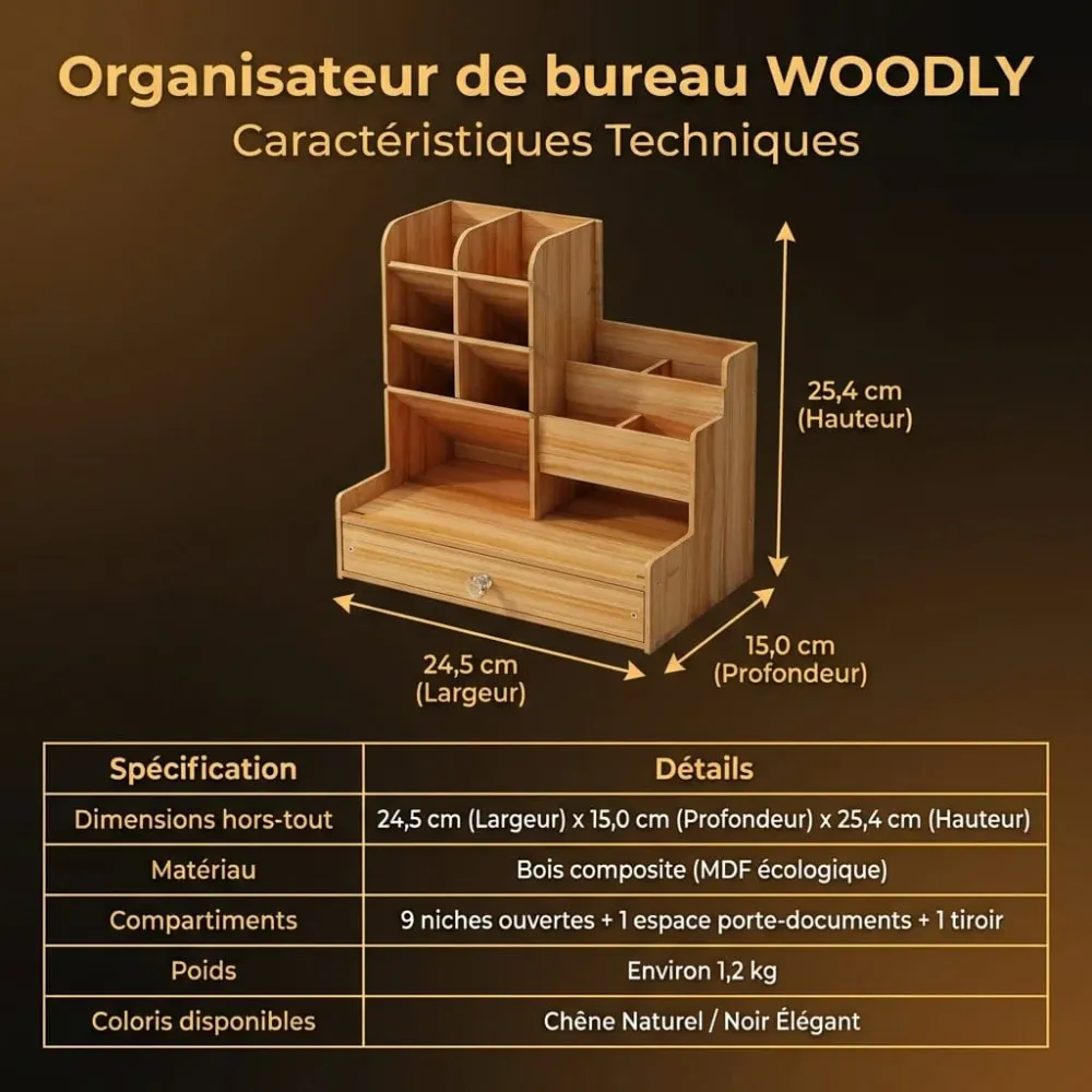Organisateur de bureau WOODLY : Accès Instantané - Gain d'Espace Bureau Cosy