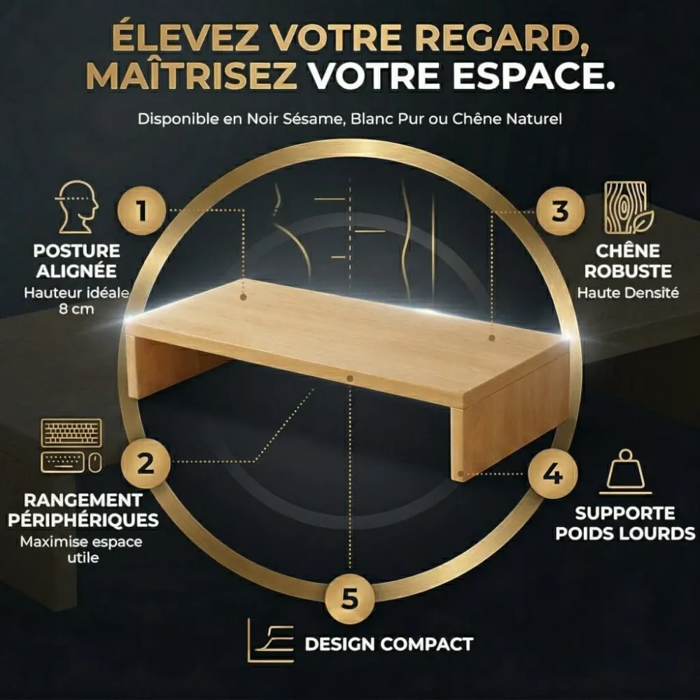 Support écran Oak 8 - Bois Premium | Rangement & Posture Ergonomique Bureau Cosy