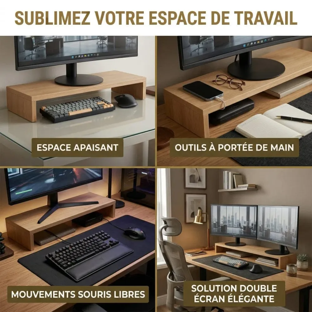 Support écran Oak 8 - Bois Premium | Rangement & Posture Ergonomique Bureau Cosy