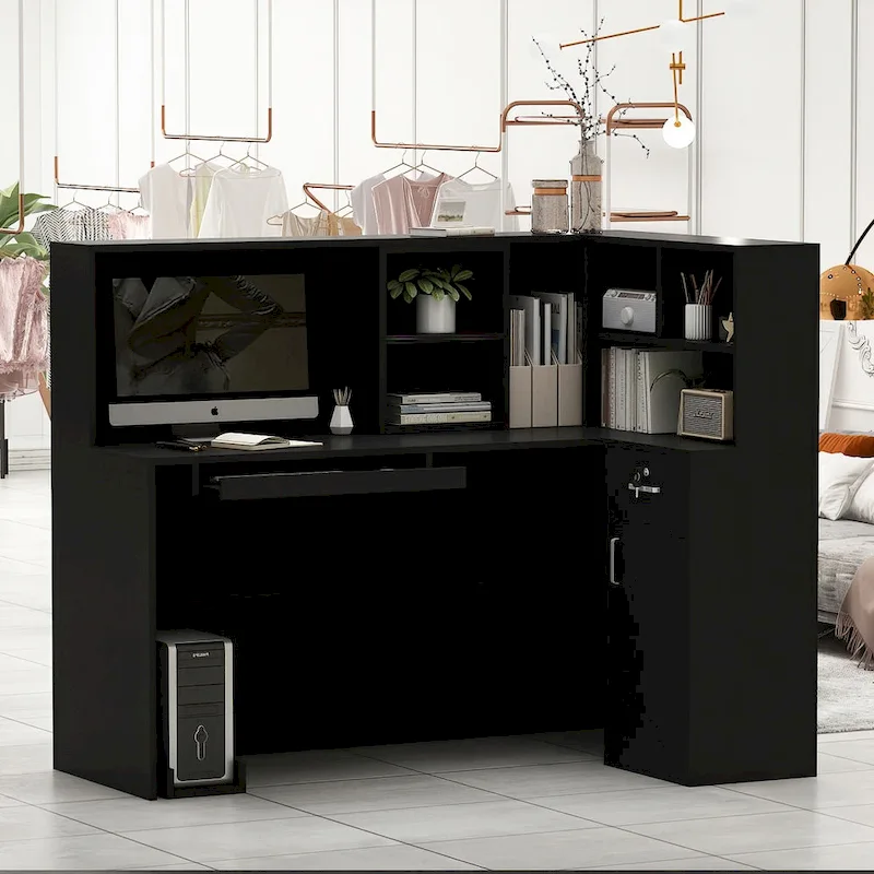 Bureau d'accueil en bois en forme de L