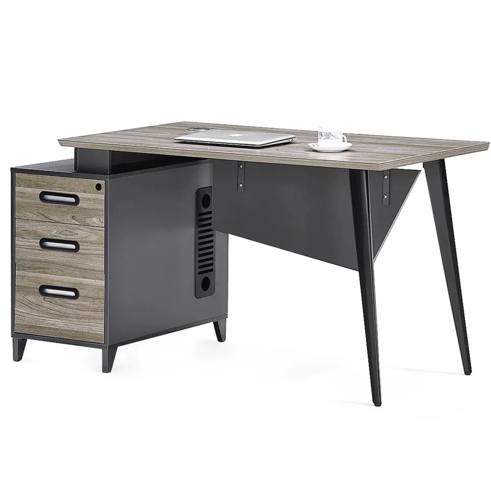 Bureau d'affaires 140 cm pour support PC informatique, table de bureau en bois avec tiroirs