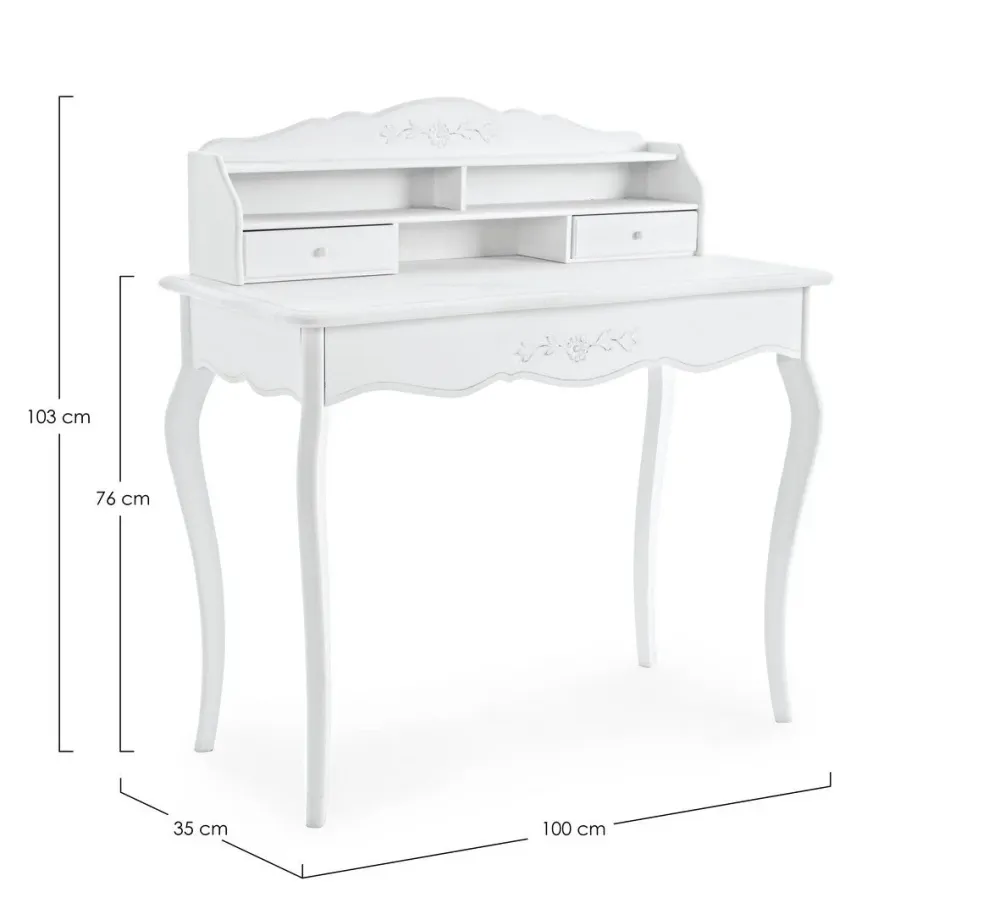 Bureau "Daisy" blanc, à 2 tiroirs, structure en bois, style vintage, 100 x 45 x 103 cm