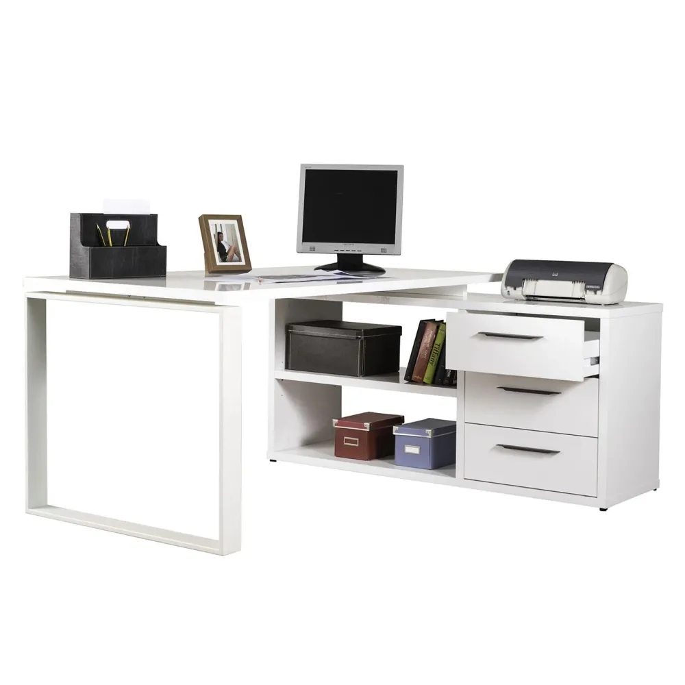 Bureau d'angle avec caisson à tiroirs laqué blanc 170 cm "Made Italy"