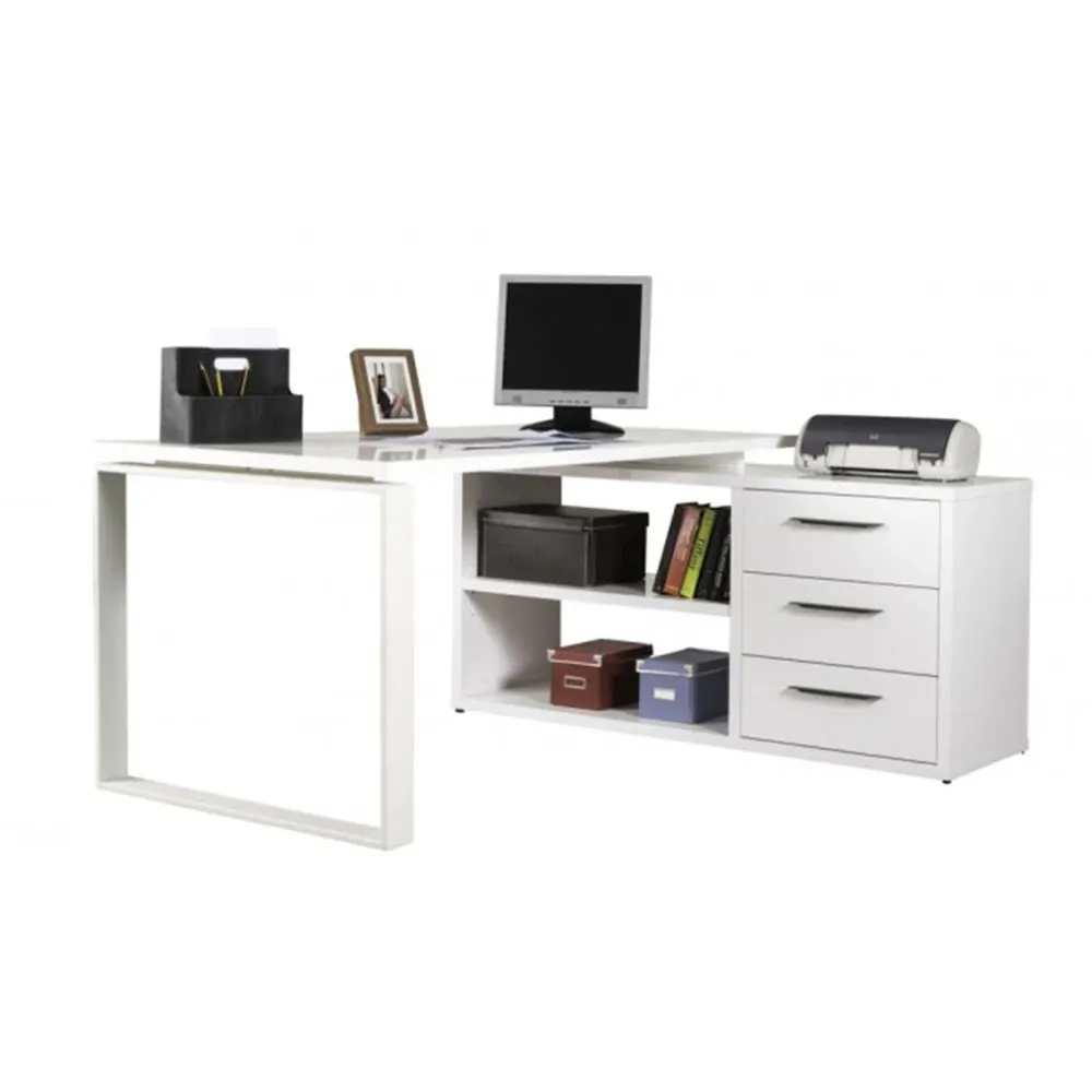 Bureau d'angle avec caisson à tiroirs laqué blanc 170 cm "Made Italy"