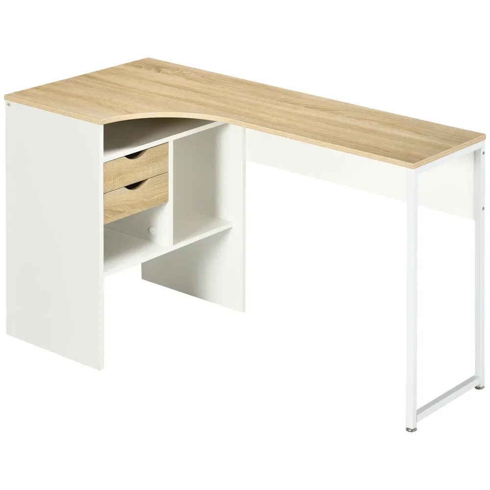 Bureau d'angle avec 2 tiroirs, 120 x 60 cm, bureau en L avec 3 compartiments ouverts, table informatique pour étudier, tra...