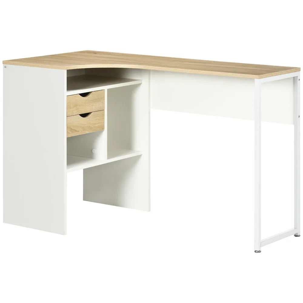 Bureau d'angle avec 2 tiroirs, 120 x 60 cm, bureau en L avec 3 compartiments ouverts, table informatique pour étudier, tra...