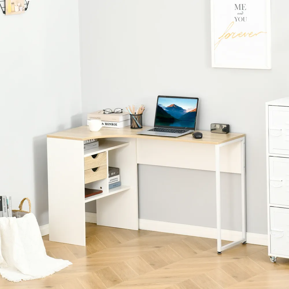 Bureau d'angle avec 2 tiroirs, 120 x 60 cm, bureau en L avec 3 compartiments ouverts, table informatique pour étudier, tra...