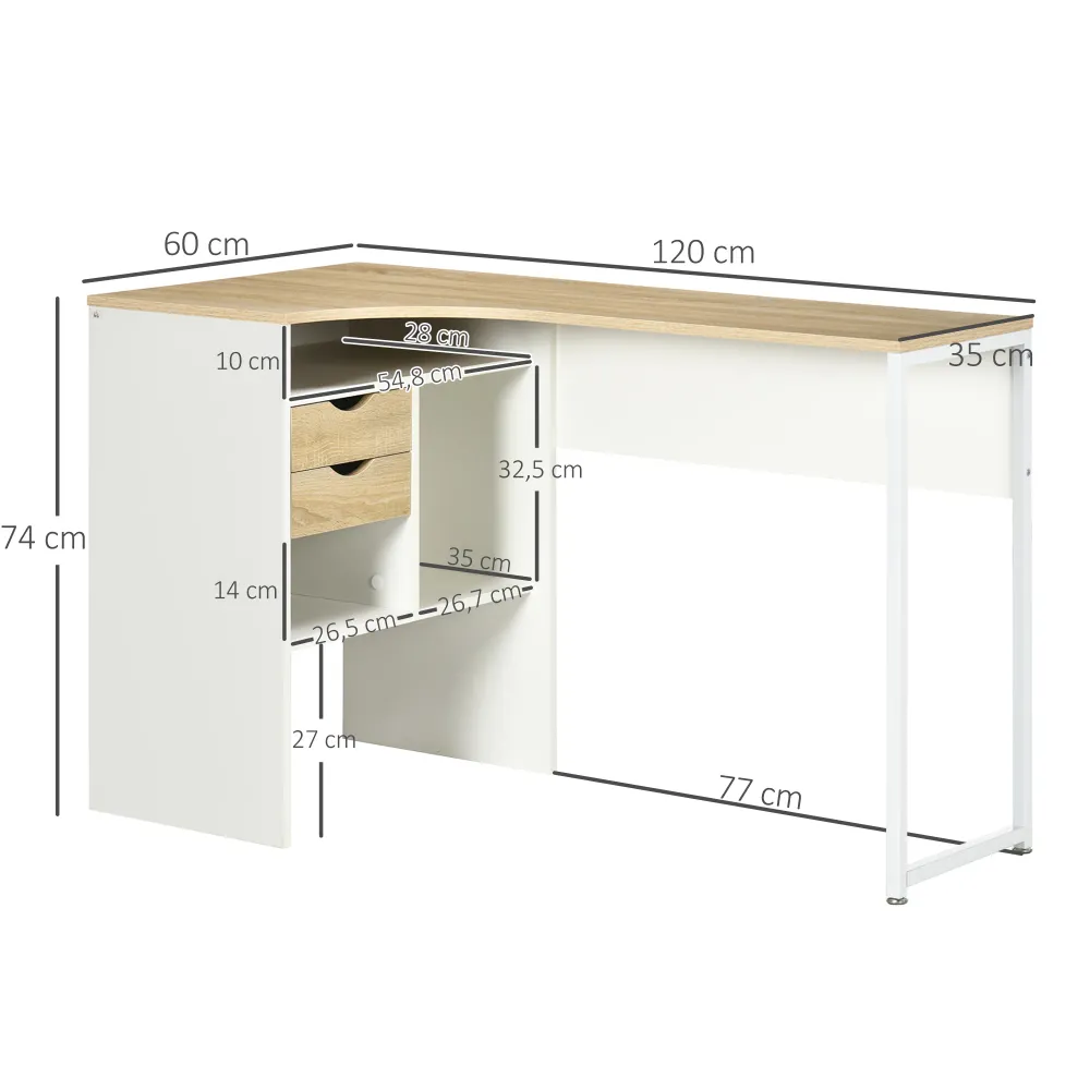 Bureau d'angle avec 2 tiroirs, 120 x 60 cm, bureau en L avec 3 compartiments ouverts, table informatique pour étudier, tra...