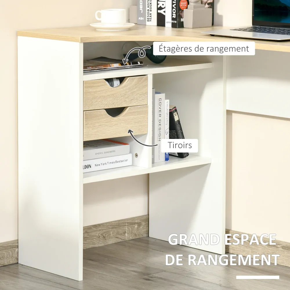 Bureau d'angle avec 2 tiroirs, 120 x 60 cm, bureau en L avec 3 compartiments ouverts, table informatique pour étudier, tra...