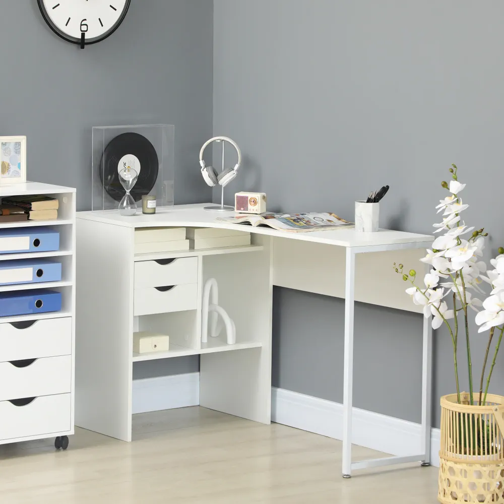 Bureau d'angle avec 2 tiroirs, 120 x 60 cm, bureau en L avec 3 compartiments ouverts, table informatique pour étudier, tra...