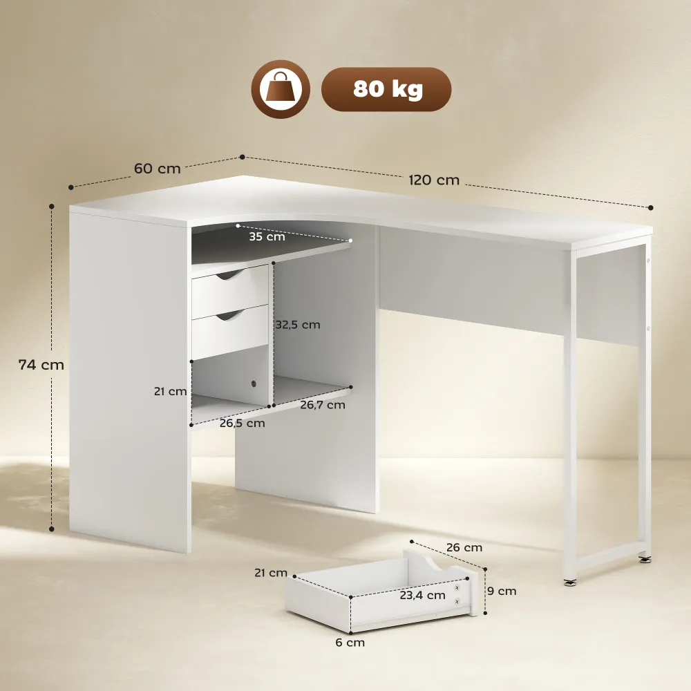 Bureau d'angle avec 2 tiroirs, 120 x 60 cm, bureau en L avec 3 compartiments ouverts, table informatique pour étudier, tra...