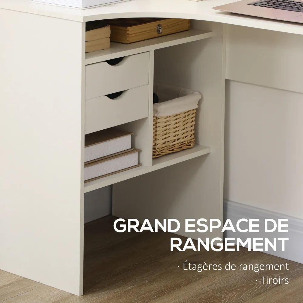 Bureau d'angle avec 2 tiroirs, 120 x 60 cm, bureau en L avec 3 compartiments ouverts, table informatique pour étudier, tra...