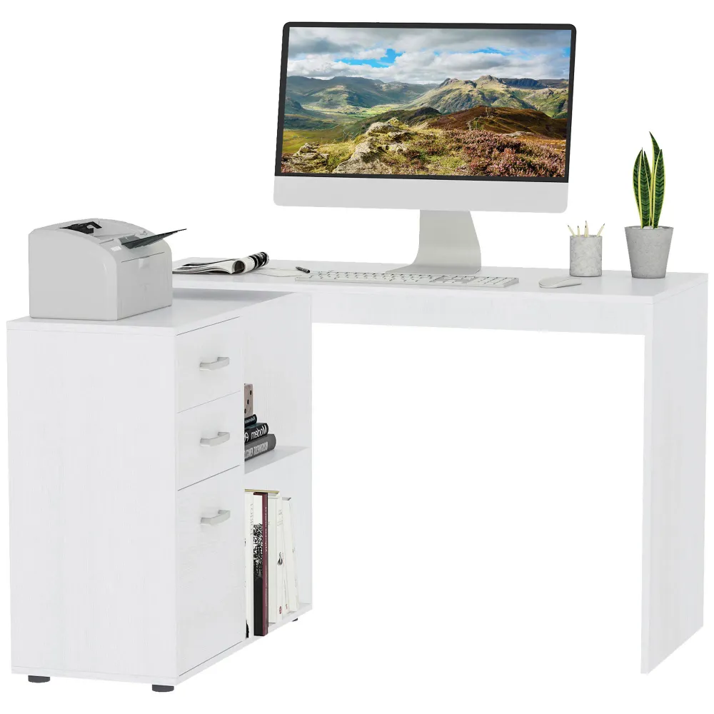 Bureau d'angle bureau droit modulable table de salle à manger 2 en 1 bureau informatique tiroirs x 3 + 2 niches MDF blanc