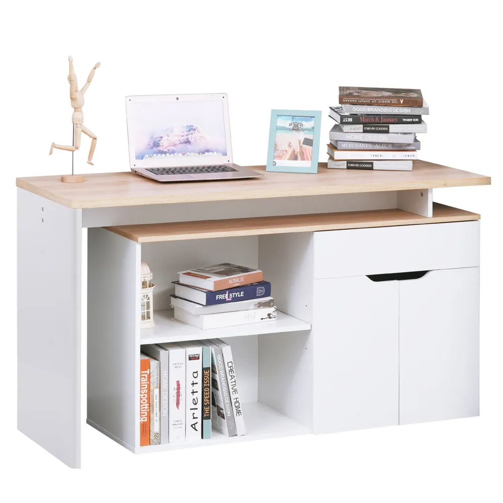 Bureau d'angle Bureau Informatique multimédia modulable Multi-rangements Double Niche + tiroir et Placard en Bois Clair Blanc
