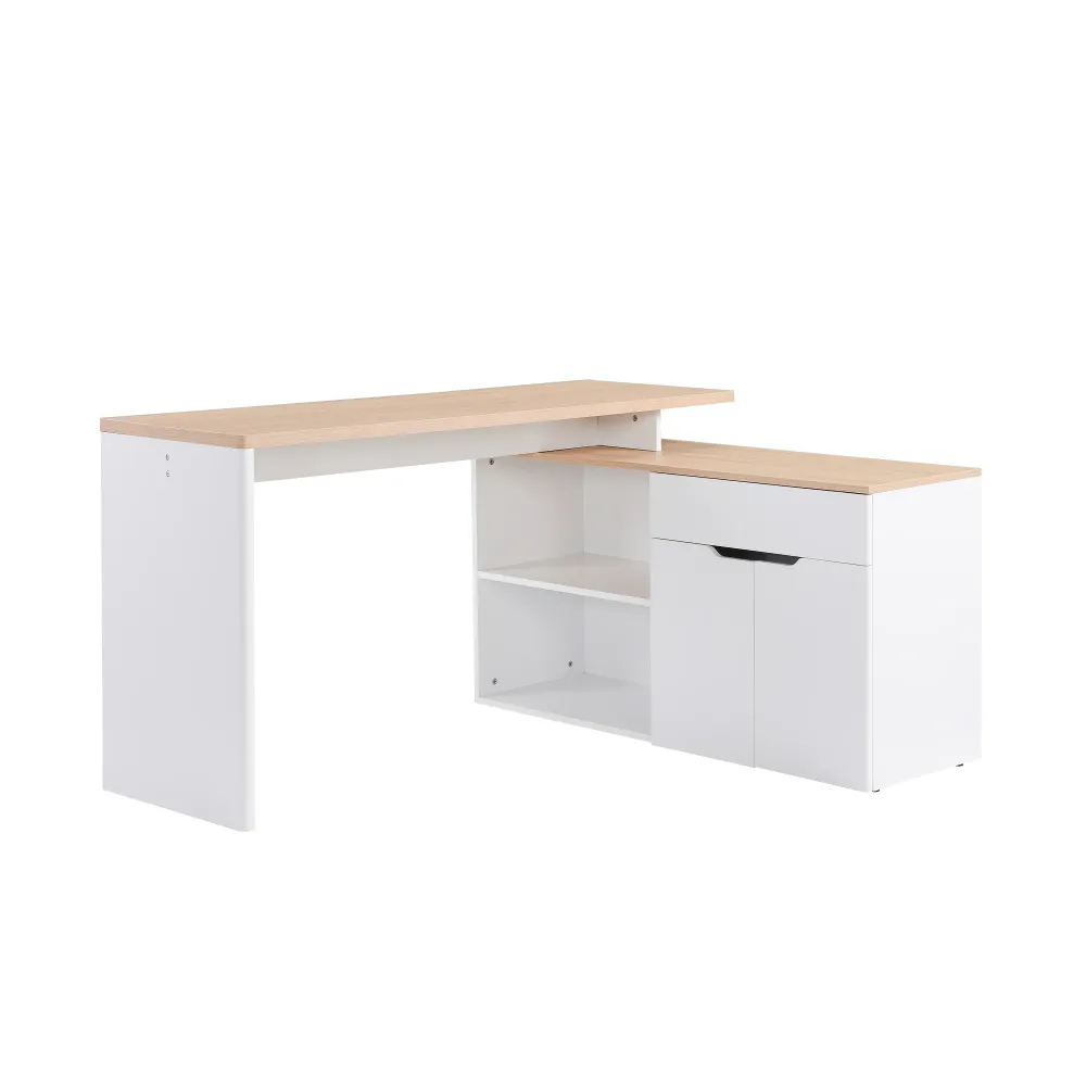 Bureau d'angle Bureau Informatique multimédia modulable Multi-rangements Double Niche + tiroir et Placard en Bois Clair Blanc