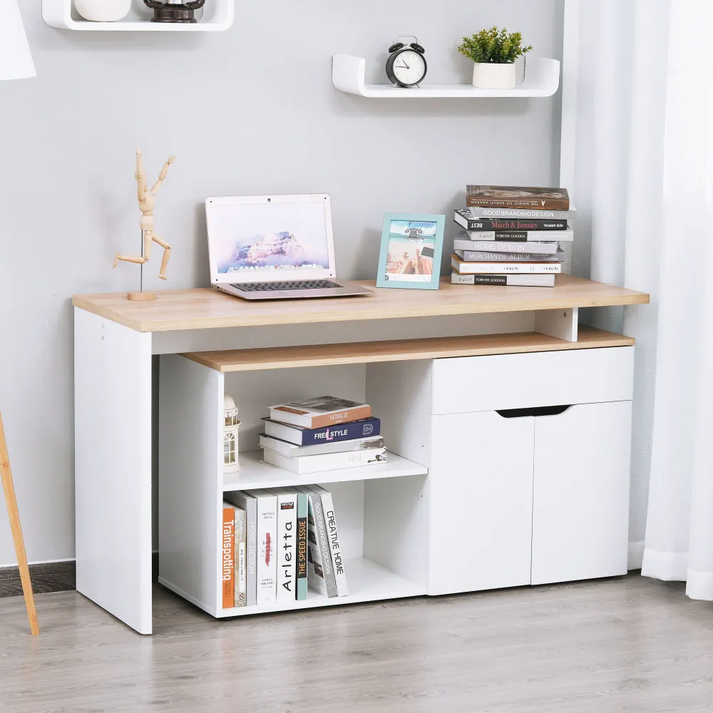 Bureau d'angle Bureau Informatique multimédia modulable Multi-rangements Double Niche + tiroir et Placard en Bois Clair Blanc