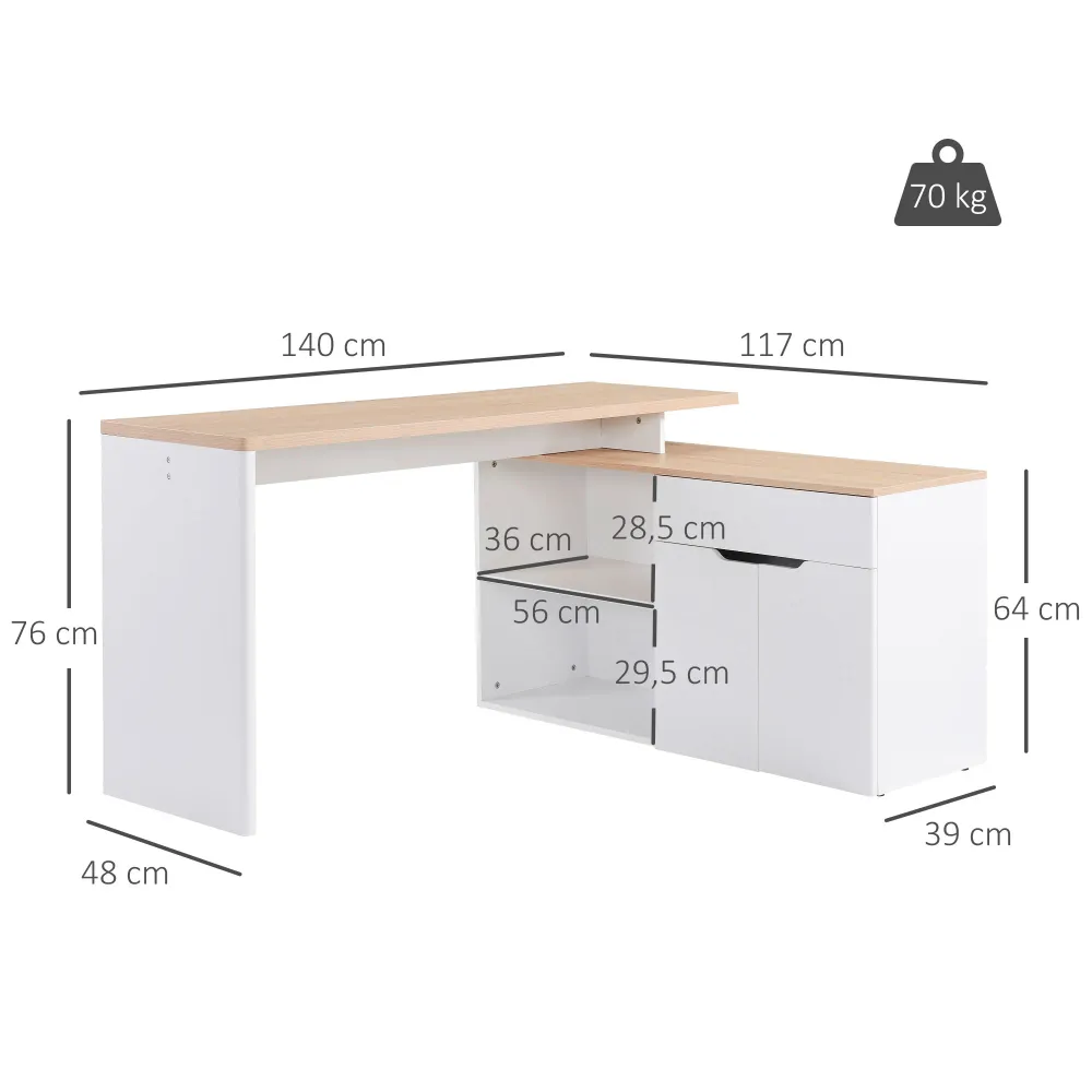 Bureau d'angle Bureau Informatique multimédia modulable Multi-rangements Double Niche + tiroir et Placard en Bois Clair Blanc