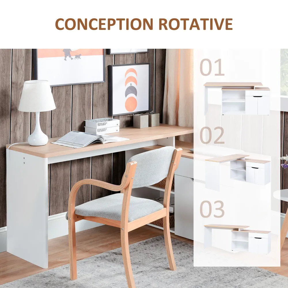 Bureau d'angle Bureau Informatique multimédia modulable Multi-rangements Double Niche + tiroir et Placard en Bois Clair Blanc