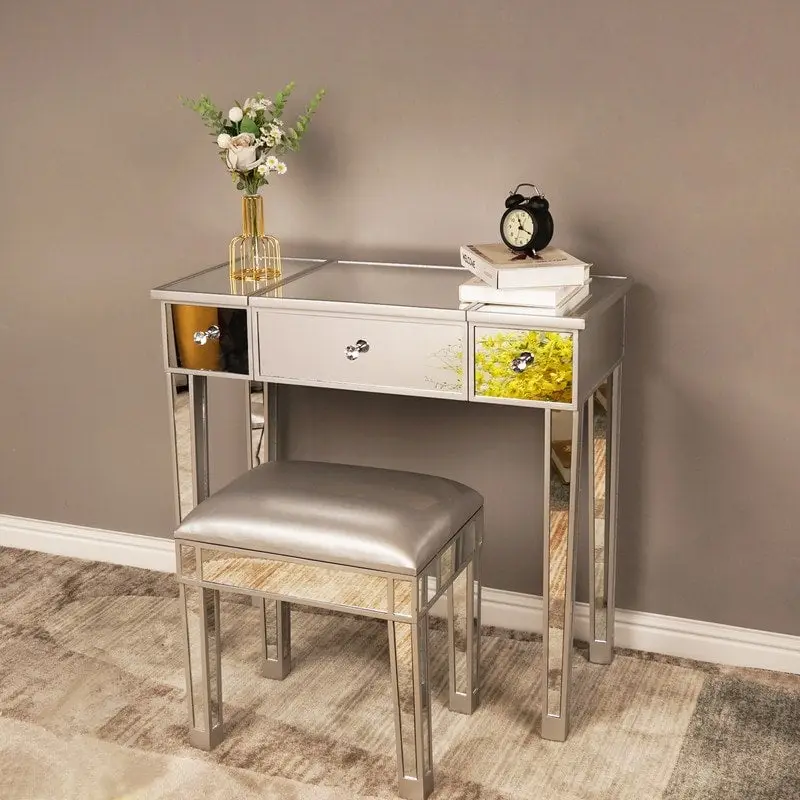 Bureau d'écriture/coiffeuse à plateau relevable 1 tiroir en surface miroir argenté