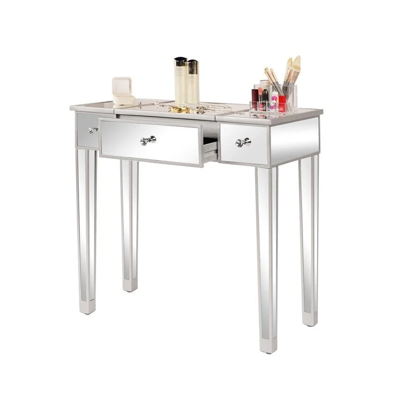 Bureau d'écriture/coiffeuse à plateau relevable 1 tiroir en surface miroir argenté