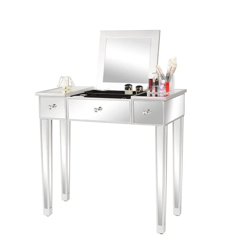 Bureau d'écriture/coiffeuse à plateau relevable 1 tiroir en surface miroir argenté