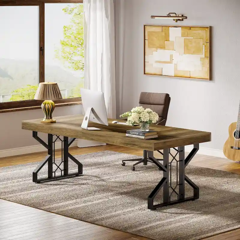 Bureau de direction de grande taille (63 pouces), bureau d'ordinateur marron rustique