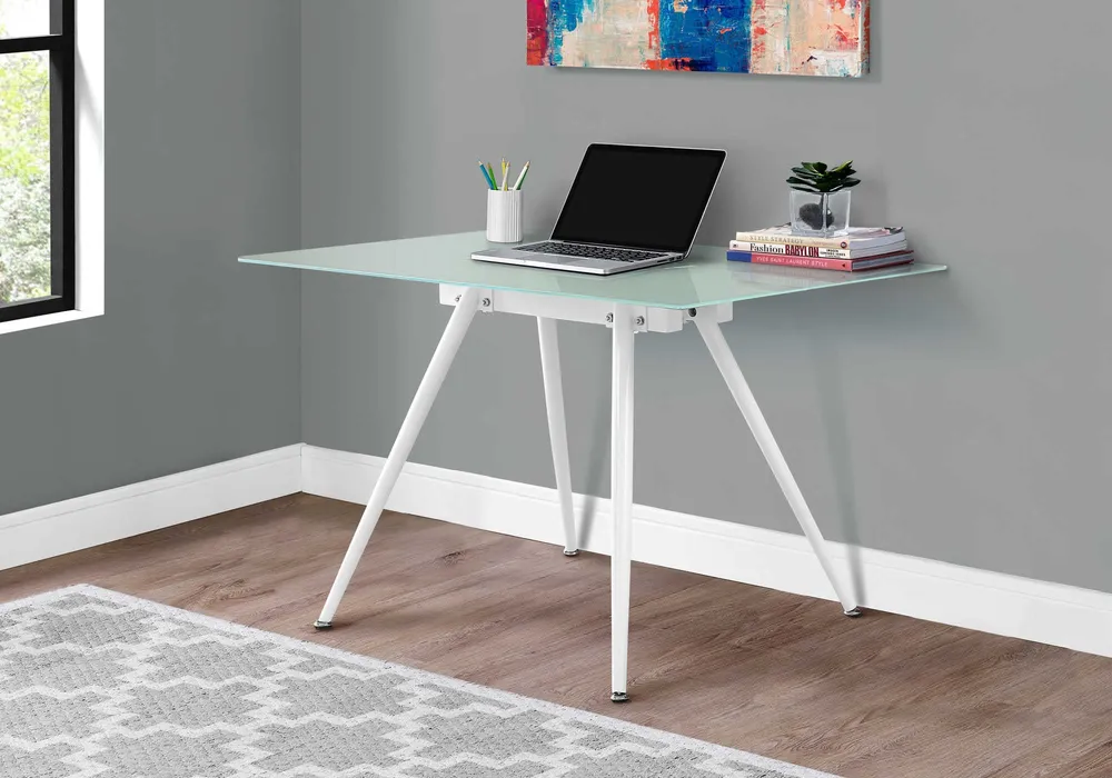 BUREAU D'ORDINATEUR - 28"X 48" / BLANC / VERRE TREMPÉ 8MM ( Meuble Mtl )