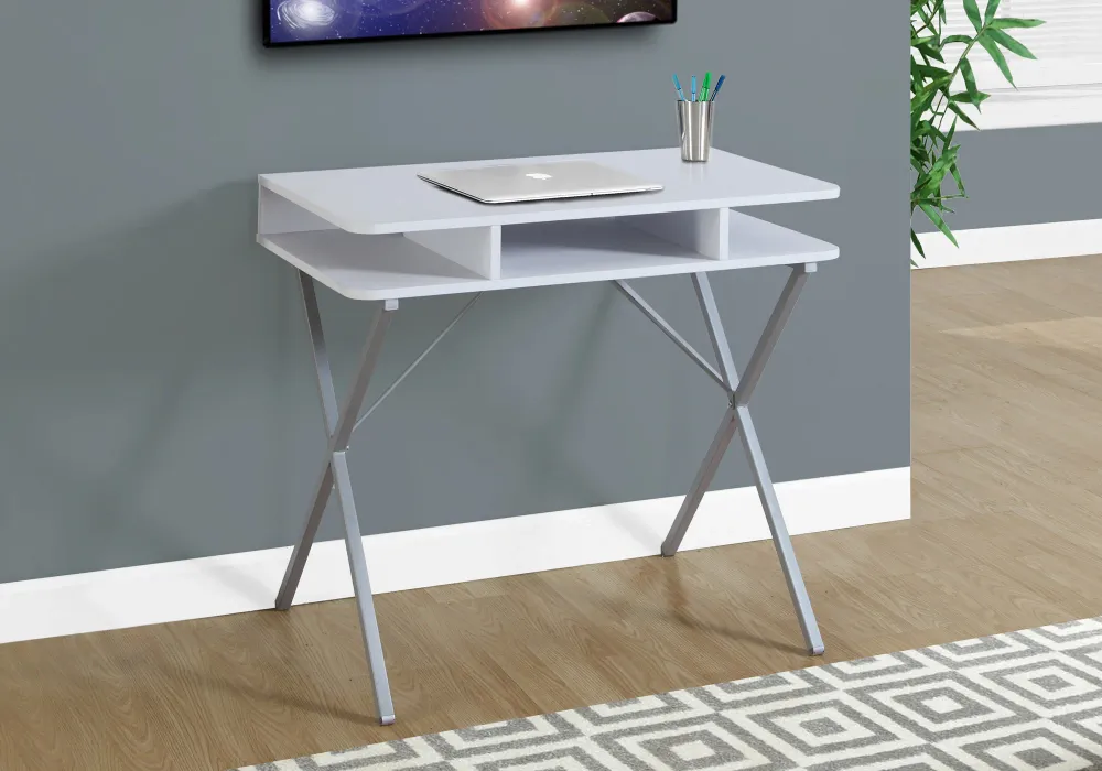 BUREAU D'ORDINATEUR - 31"L / DESSUS BLANC / METAL ARGENT