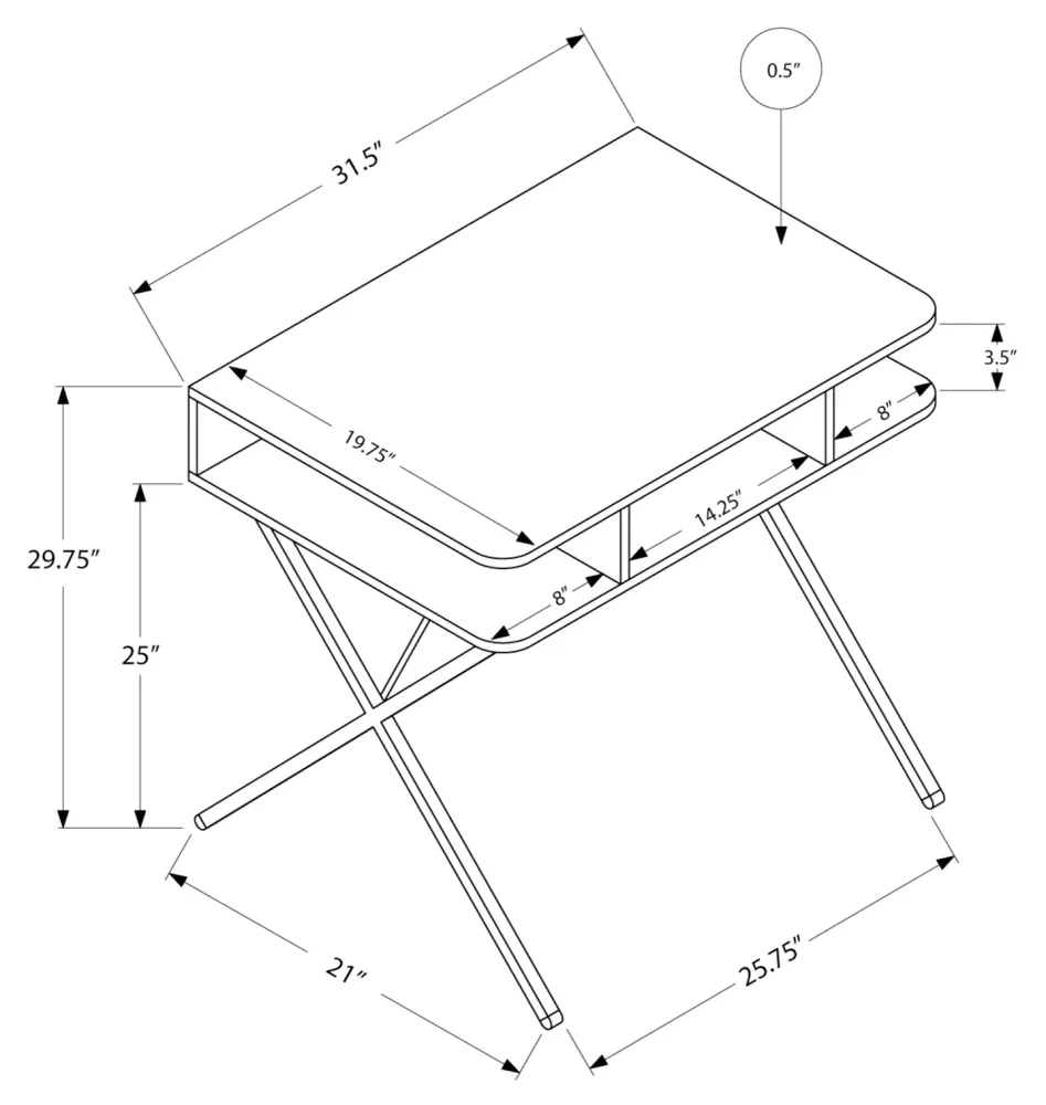BUREAU D'ORDINATEUR - 31"L / DESSUS BLANC / METAL ARGENT