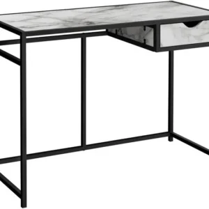 BUREAU D'ORDINATEUR - 42"L / ASPECT MARBRE BLANC / METAL NOIR