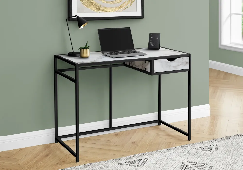 BUREAU D'ORDINATEUR - 42"L / ASPECT MARBRE BLANC / METAL NOIR