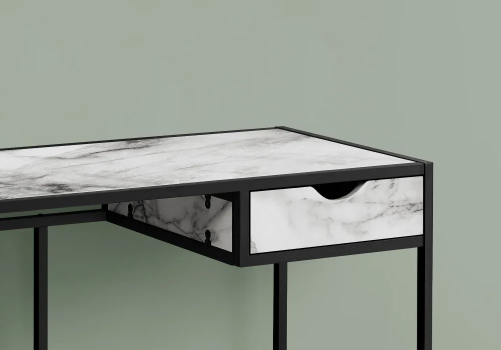 BUREAU D'ORDINATEUR - 42"L / ASPECT MARBRE BLANC / METAL NOIR