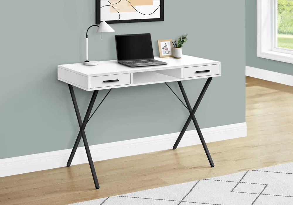 BUREAU D'ORDINATEUR - 42"L / BLANC / METAL NOIR ( Meuble Mtl )