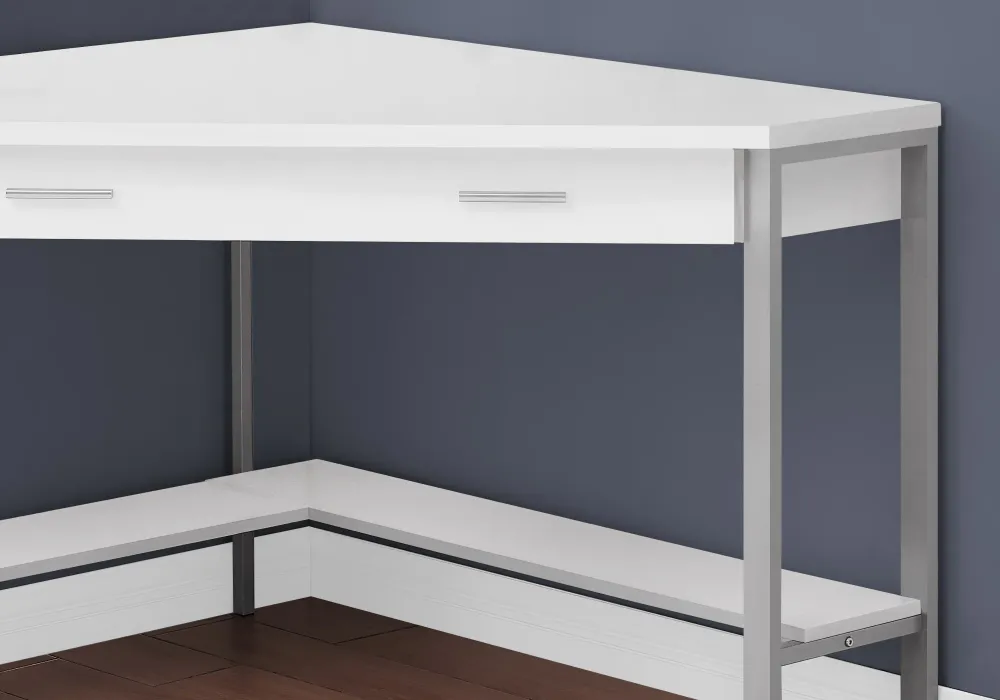 BUREAU D'ORDINATEUR - 42"L / COIN BLANC / METAL ARGENT