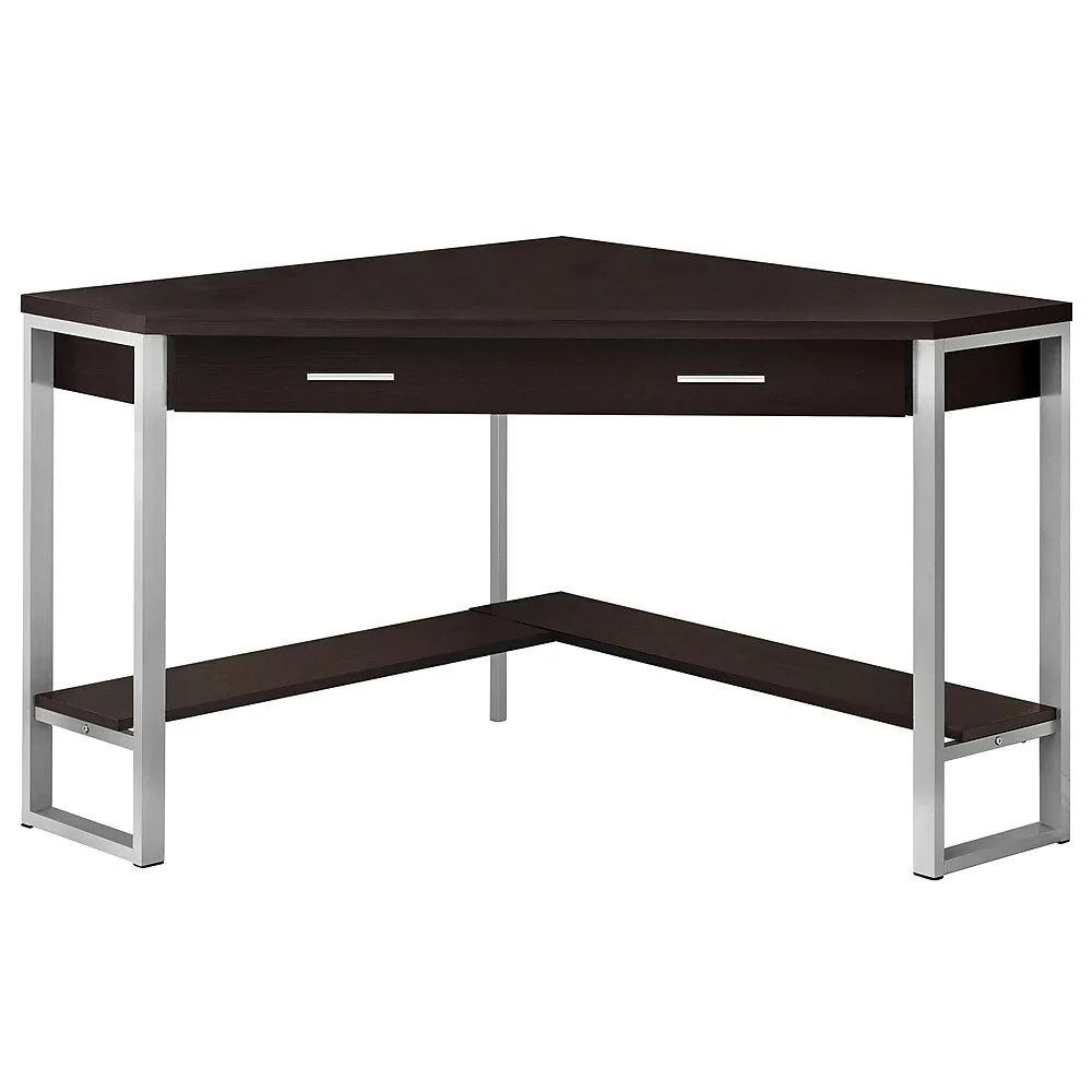 BUREAU D'ORDINATEUR - 42"L / EN COIN ESPRESSO / METAL ARGENT