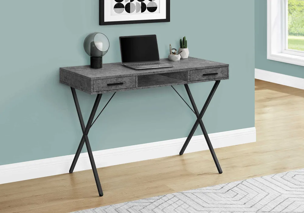BUREAU D'ORDINATEUR - 42"L / SIMILI PIERRE GRIS / METAL NOIR ( Meuble Mtl )