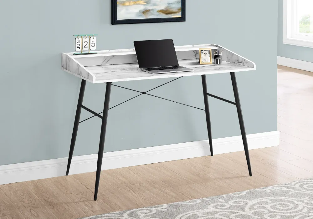 BUREAU D'ORDINATEUR - 48"L / ASPECT MARBRE BLANC / METAL NOIR