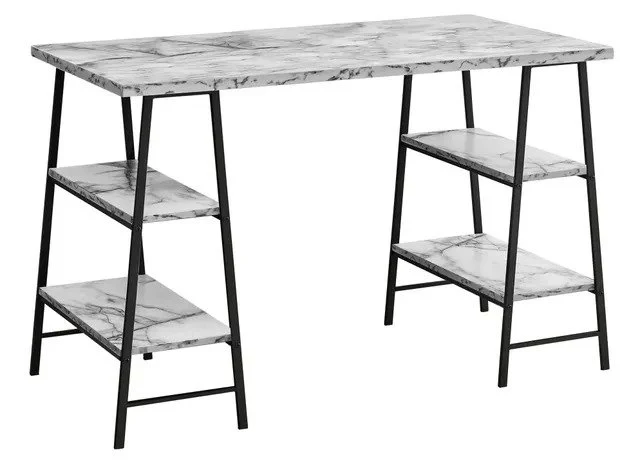 BUREAU D'ORDINATEUR - 48"L / ASPECT MARBRE BLANC / METAL NOIR