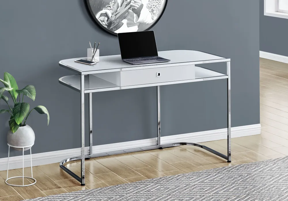 BUREAU D'ORDINATEUR - 48"L / BLANC BRILLANT / METAL CHROME