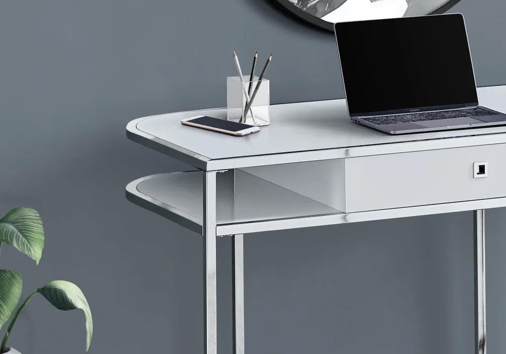 BUREAU D'ORDINATEUR - 48"L / BLANC BRILLANT / METAL CHROME