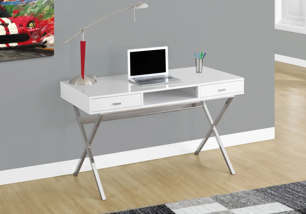 BUREAU D'ORDINATEUR - 48"L / BLANC BRILLANT / METAL CHROME