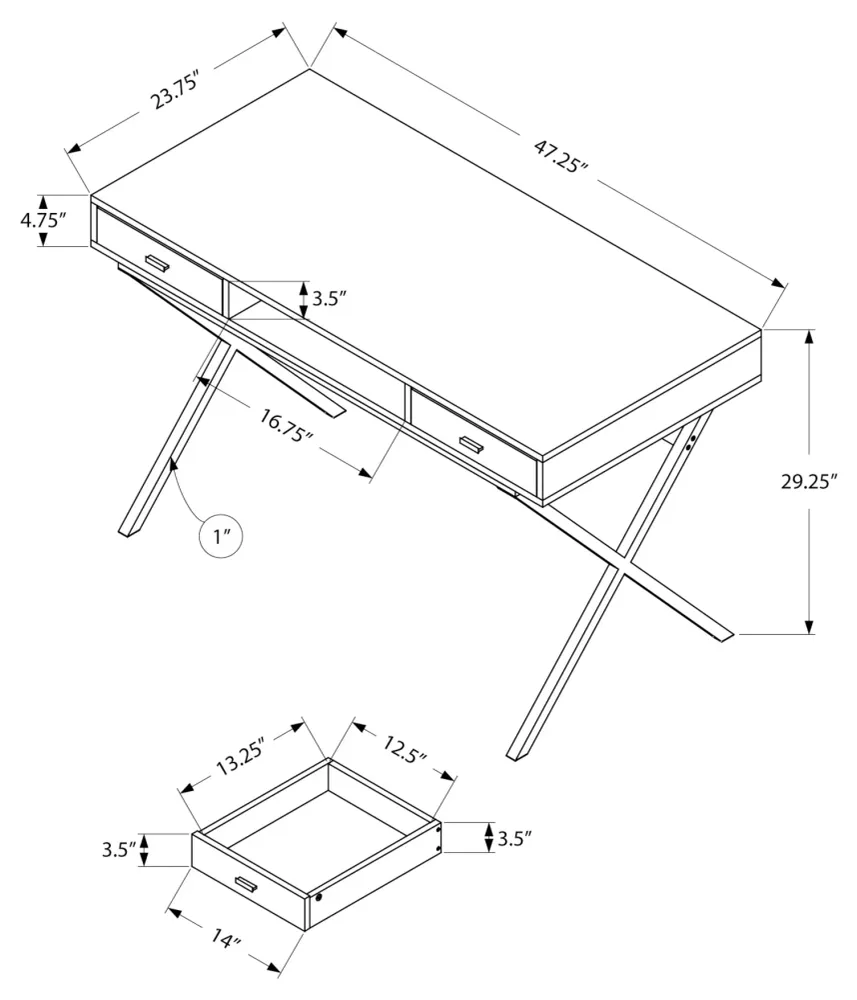 BUREAU D'ORDINATEUR - 48"L / BLANC BRILLANT / METAL CHROME
