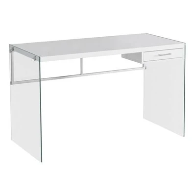 BUREAU D'ORDINATEUR - 48"L / BLANC BRILLANT / VERRE TREMPÉ