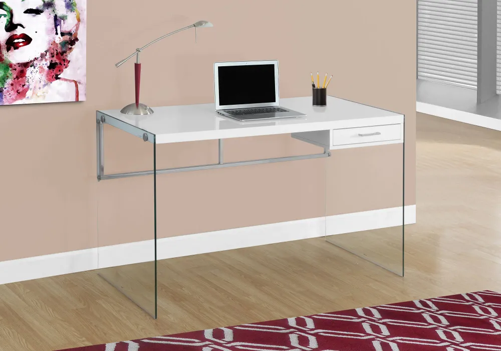 BUREAU D'ORDINATEUR - 48"L / BLANC BRILLANT / VERRE TREMPÉ