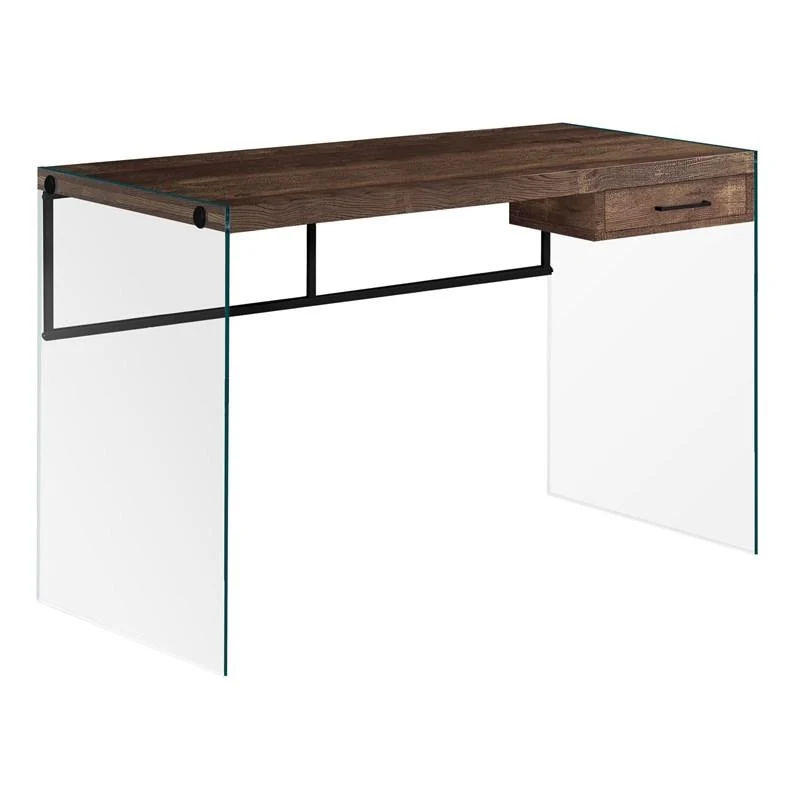 BUREAU D'ORDINATEUR - 48"L / BOIS DE RÉCUPÉRATION BRUN/ PANNEAUX DE VERRE