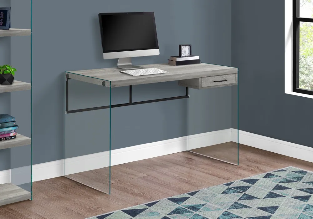 BUREAU D'ORDINATEUR - 48"L / BOIS DE RÉCUPÉRATION GRIS / PANNEAUX DE VERRE