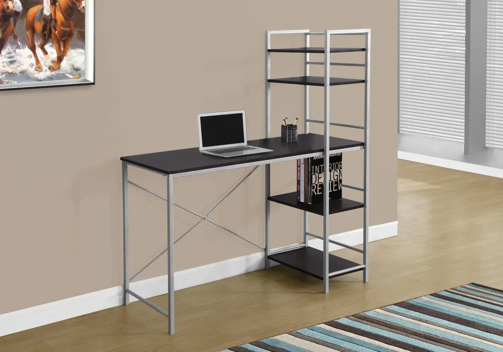 BUREAU D'ORDINATEUR - 48"L / DESSUS ESPRESSO / METAL ARGENT